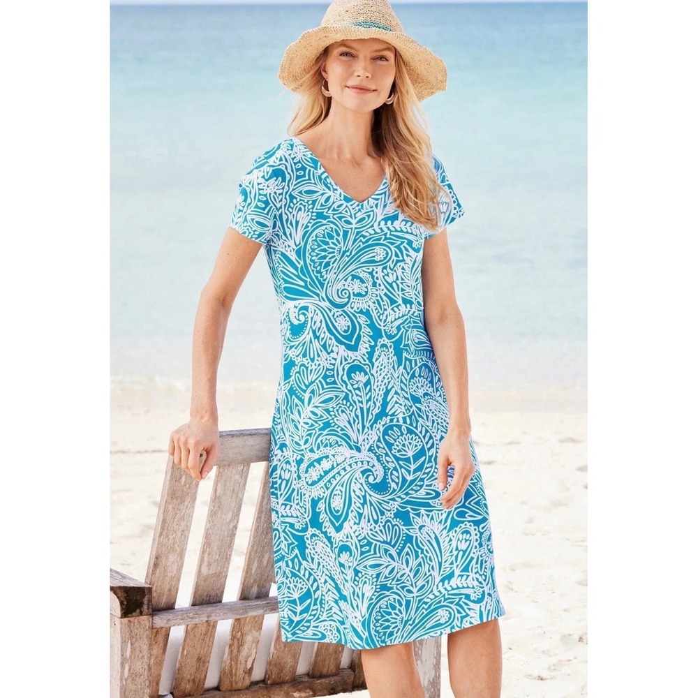 Soft Surroundings Supima cotton abstract paisley dress cyan blue white XS
